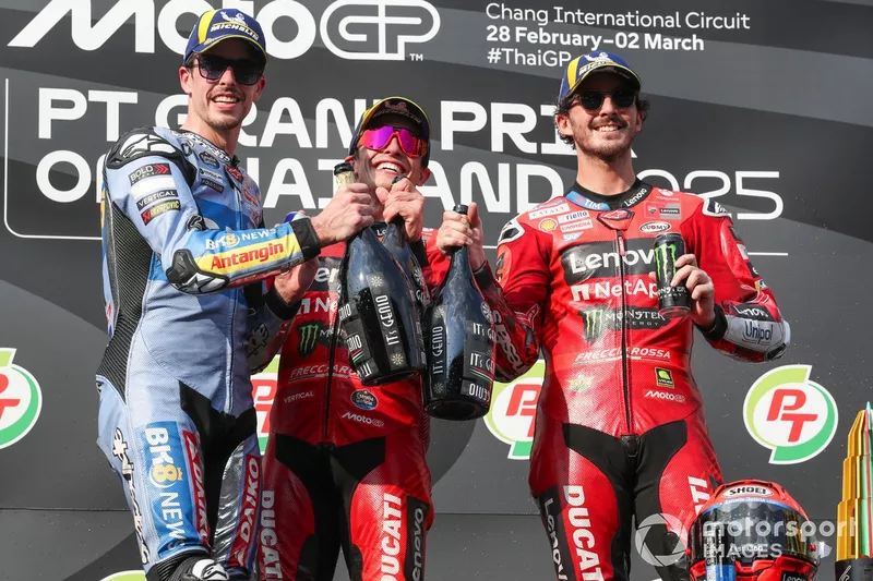 Marc Marquez, Ducati Team, Alex Marquez, Gresini Racing, Francesco Bagnaia, Ducati Team podium