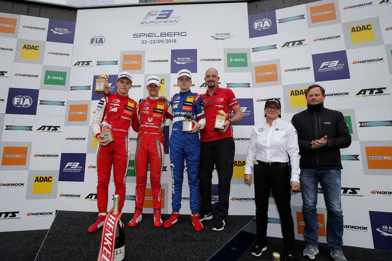 Podium: Race winner Mick Schumacher, PREMA Theodore Racing Dallara F317 - Mercedes-Benz, second place Marcus Armstrong, PREMA Theodore Racing Dallara F317 - Mercedes-Benz, third place Robert Shwartzman, PREMA Theodore Racing Dallara F317 - Mercedes-Benz, Ellen Lohr