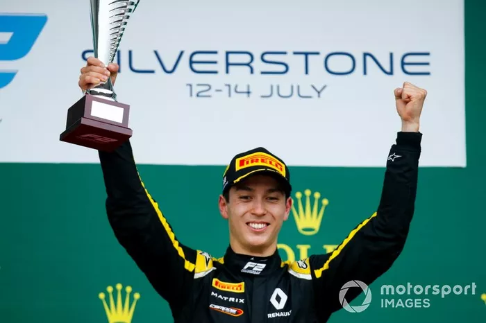 Race winner Jack Aitken, Campos Racing celebrates on the podium with the trophy