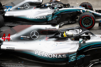 Lewis Hamilton, Mercedes AMG F1, celebrates pole position in parc ferme alongside Valtteri Bottas, Mercedes AMG F1 W09.