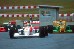 Ayrton Senna, McLaren MP4/8 Ford leads Michael Schumacher, Benetton B192B Ford