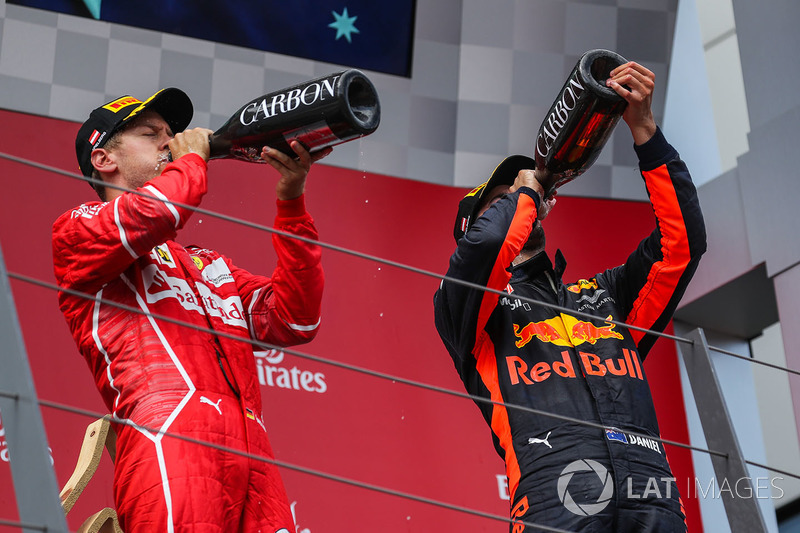 Podium: second place Sebastian Vettel, Ferrari, third place Daniel Ricciardo, Red Bull Racing