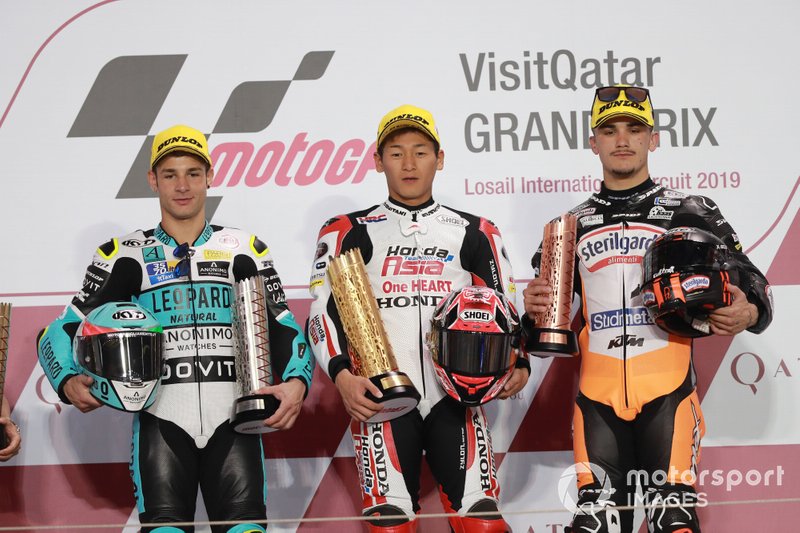 Podium: second place Lorenzo Dalla Porta, Leopard Racing, Race winner Kaito Toba, Honda Team Asia, third place Aron Canet, Max Racing Team