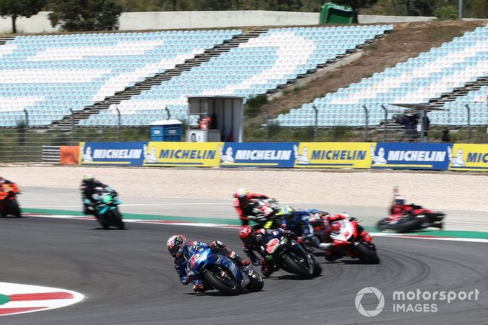 Alex Rins, Team Suzuki MotoGP líder, Jack Miller, Ducati Team cae