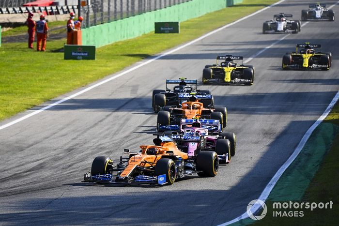 Carlos Sainz Jr., McLaren MCL35, Lance Stroll, Racing Point RP20, Lando Norris, McLaren MCL35 