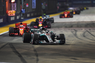 Lewis Hamilton, Mercedes AMG F1 W09 EQ Power+ leads Sebastian Vettel, Ferrari SF71H