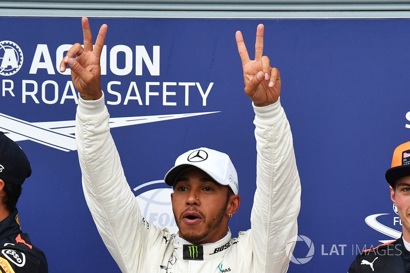 Pole sitter Lewis Hamilton, Mercedes AMG F1 celebrates in parc ferme