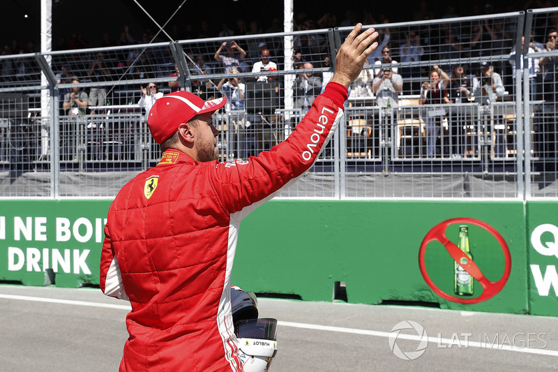 Pole man Sebastian Vettel, Ferrari, celebrates after Qualifying