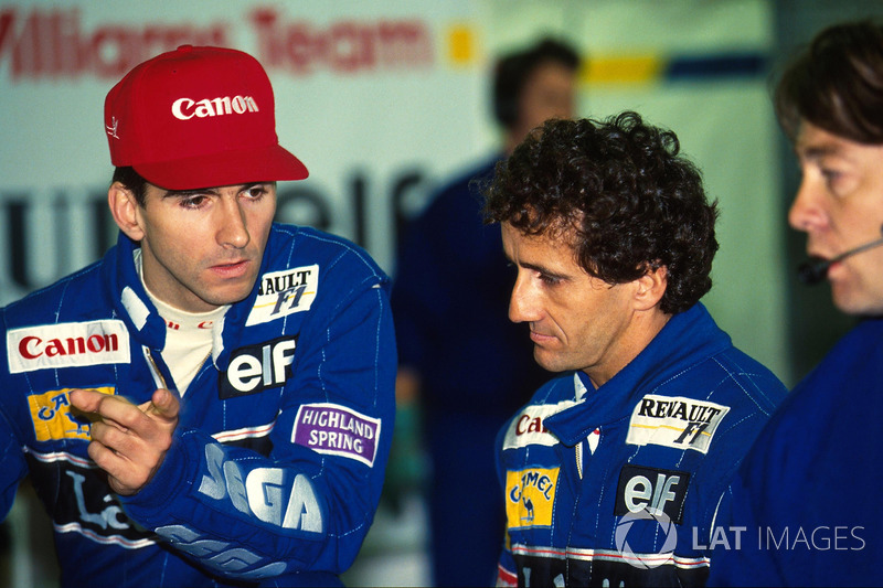 Teamgenoten Damon Hill, Williams en Alain Prost, Williams