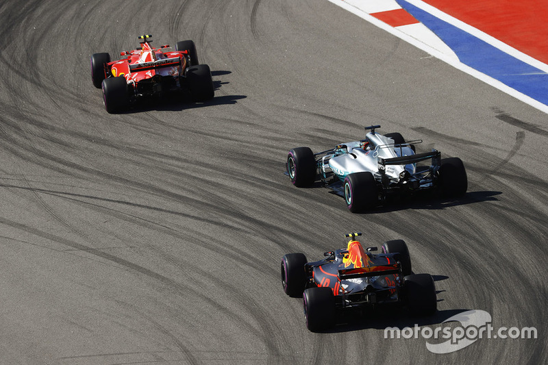 Kimi Raikkonen, Ferrari SF70H, Lewis Hamilton, Mercedes AMG F1 W08 and Max Verstappen, Red Bull Raci