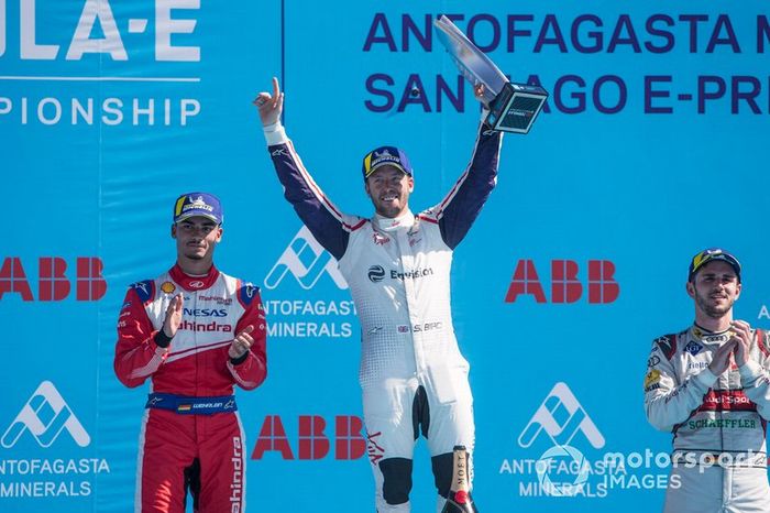 Ganador, Sam Bird, Envision Virgin Racing celebra con Pascal Wehrlein, Mahindra Racing, Daniel Abt, Audi Sport ABT Schaeffler