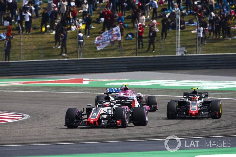 Romain Grosjean, Haas F1 Team VF-18 Ferrari, Kevin Magnussen, Haas F1 Team VF-18 Ferrari, Esteban Ocon, Force India VJM11 Mercedes