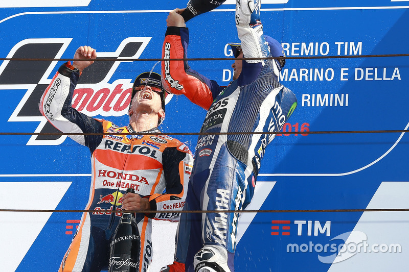 Il vincitore della gara Dani Pedrosa, Repsol Honda Team, il terzo classificato Jorge Lorenzo, Yamaha Factory Racing
