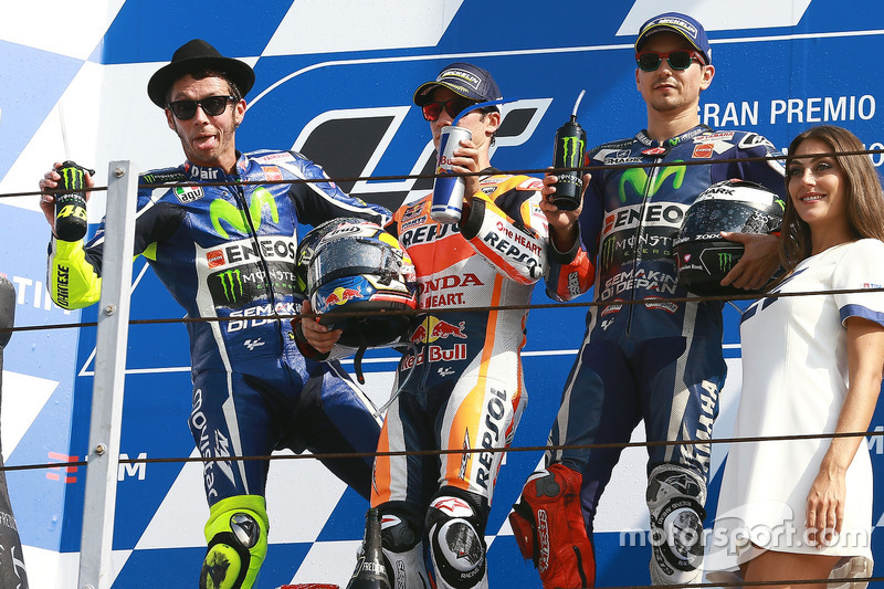 MotoGP-Podium Misano: Sieger Dani Pedrosa, 2. Valentino Rossi, 3. Jorge Lorenzo