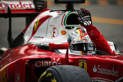 Sebastian Vettel, Ferrari celebrates his third position at the end of the race