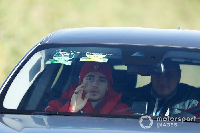 Charles Leclerc, Ferrari arrives at the track