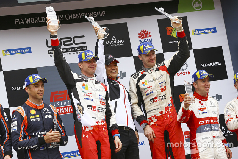 Jari-Matti Latvala, Miikka Anttila, Toyota Gazoo Racing, second place Hayden Paddon, Sebastian Marshall, Hyundai Motorsport, third place Mads Ostberg, Torstein Eriksen, Citroën World Rally Team