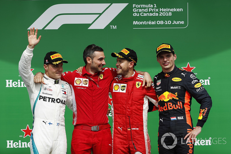 Святкування Себастьяна Феттеля, Ferrari, на подіумі з Валттері Боттасом, Mercedes AMG F1 та Максом Ферстаппеном, Red Bull