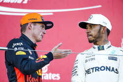 Max Verstappen, Red Bull, second place, Race winner Lewis Hamilton, Mercedes AMG F1, on the podium