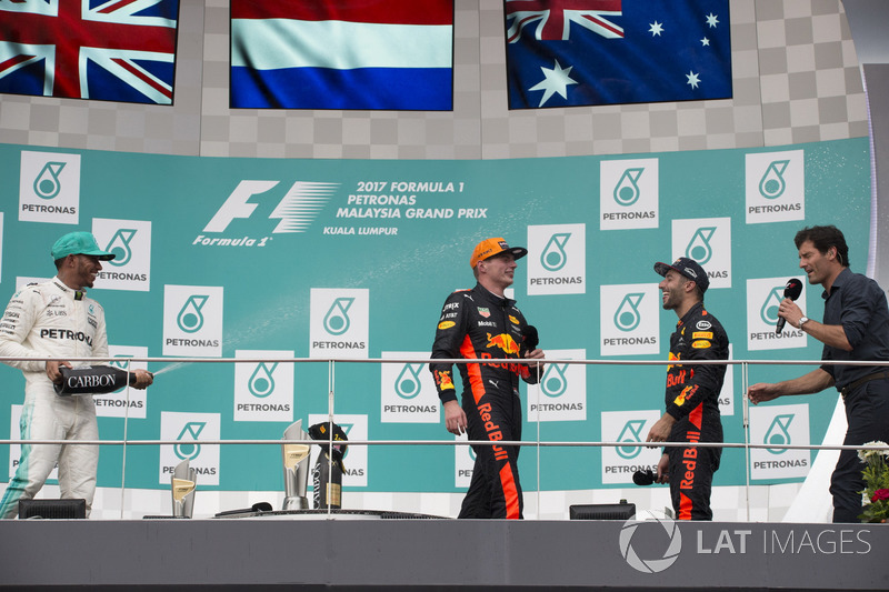 Podium: Mark Webber, second place Lewis Hamilton, Mercedes AMG F1, Race winner Max Verstappen, Red Bull Racing, third place Daniel Ricciardo, Red Bull Racing