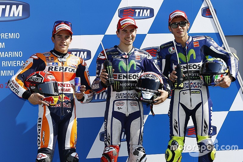 Segundo clasificado Marc Marquez, Repsol Honda Team, poleman Jorge Lorenzo y el tercero clasificado Valentino Rossi, Yamaha Factory Racing in parc ferme after qualifying