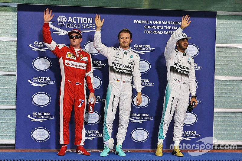 Third place Kimi Raikkonen, Ferrari, polesitter Nico Rosberg, Mercedes AMG F1 Team, second place Lewis Hamilton, Mercedes AMG F1 Team
