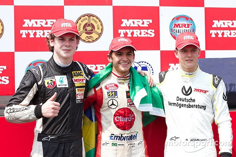 Race 1 winner Pietro Fittipaldi, second place Harrison Newey, third place Mick Schumacher