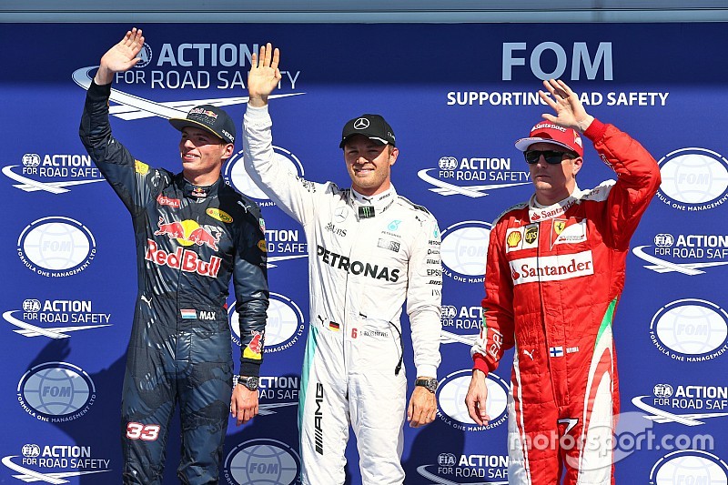 Qualifying top three in parc ferme (L to R): Max Verstappen, Red Bull Racing, second; Nico Rosberg, Mercedes AMG F1, pole position; Kimi Raikkonen, Ferrari, third