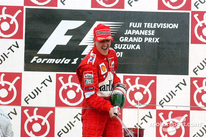 Michael Schumacher celebrating on the podium