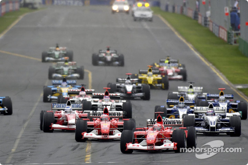 The start: Michael Schumacher takes the lead in front of Rubens Barrichello