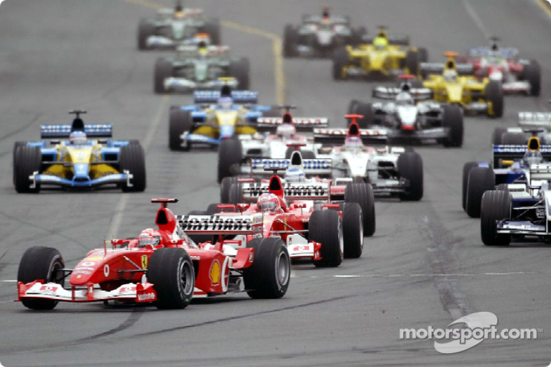 The start: Michael Schumacher takes the lead in front of Rubens Barrichello