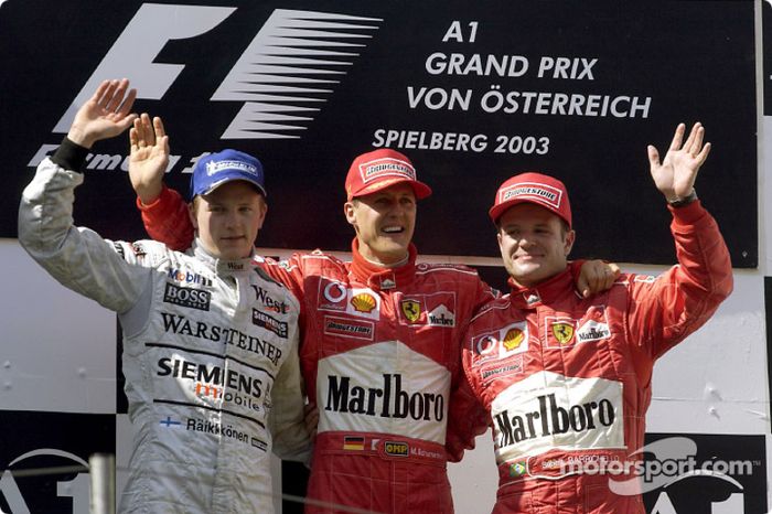 2003: 1. Michael Schumacher, 2. Kimi Räikkönen, 3. Rubens Barrichello