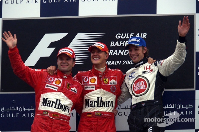 Podium: Sieger Michael Schumacher mit Rubens Barrichello und Jenson Button