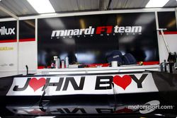 A tribute on the Minardi to sporting director John Walton who died late Friday night following heart