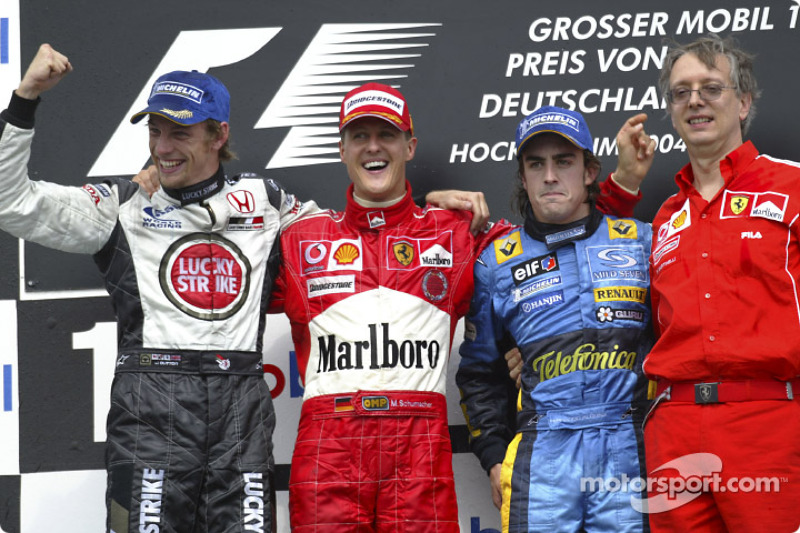 2004: 1. Михаэль Шумахер, 2. Дженсон Баттон, 3. Фернандо Алонсо