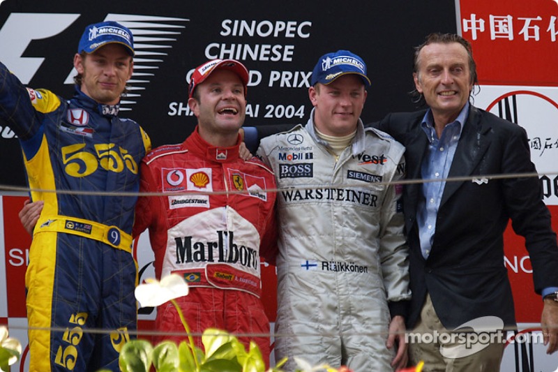 Podium: race winner Rubens Barrichello with Jenson Button, Kimi Raikkonen and Luca di Montezemelo