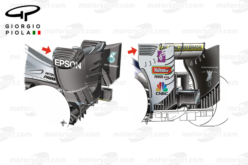 Sauber C35 en Mercedes W07 achtervleugels