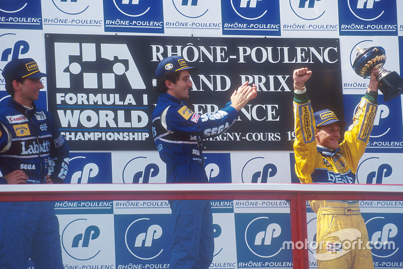 Podium: winner Alain Prost, Williams, second place Damon Hill, Williams, third place Michael Schumacher, Benetton