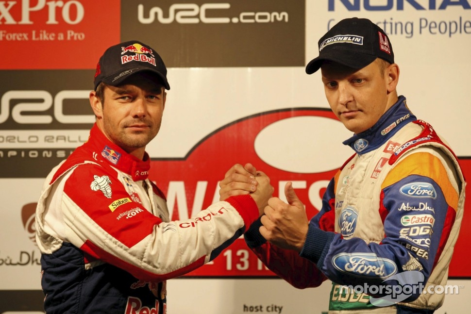 Sébastien Loeb and Mikko Hirvonen pose during Wales Rally GB Shakedown