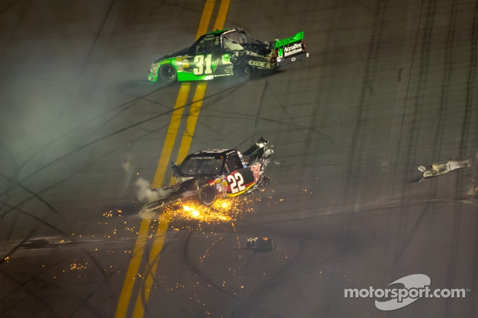 Joey Coulter, Richard Childress Racing Chevrolet and James Buescher, Turner Motorsports Chevrolet crash heavily at the checkered flag