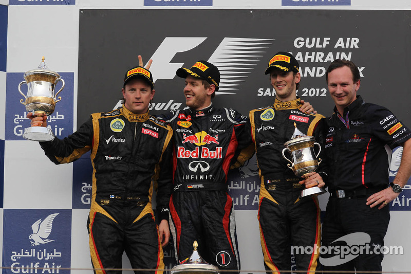 2012. Подіум: 1. Себастьян Феттель, Red Bull-Renault. 2. Кімі Райкконен, Lotus-Renault. 3. Ромен Грожан, Lotus-Renault