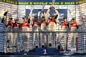 LMP1 Podium: race winners, Romain Dumas, Loic Duval, Marc Gene, second place, Allan McNish, Tom Kristensen, Rinaldo Capello, third place, Oliver Jarvis, Marco Bonanomi