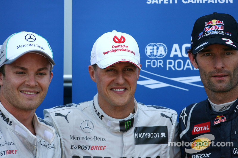 Michael Schumacher, Mercedes GP, Nico Rosberg, Mercedes GP ve Mark Webber, Red Bull Racing