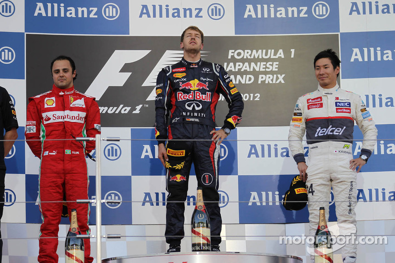 Podium: Sieger Sebastian Vettel, Red Bull Racing; 2. Felipe Massa, Scuderia Ferrari; 3. Kamui Kobaya