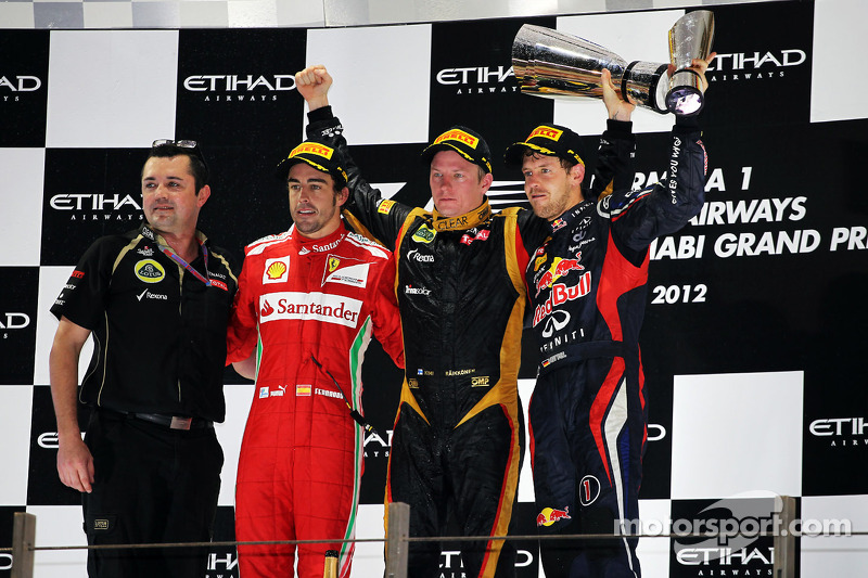 Podium: 2. Fernando Alonso, Ferrari, 1. Kimi Räikkönen, Lotus F1 Team, 3. Sebastian Vettel, Red Bull