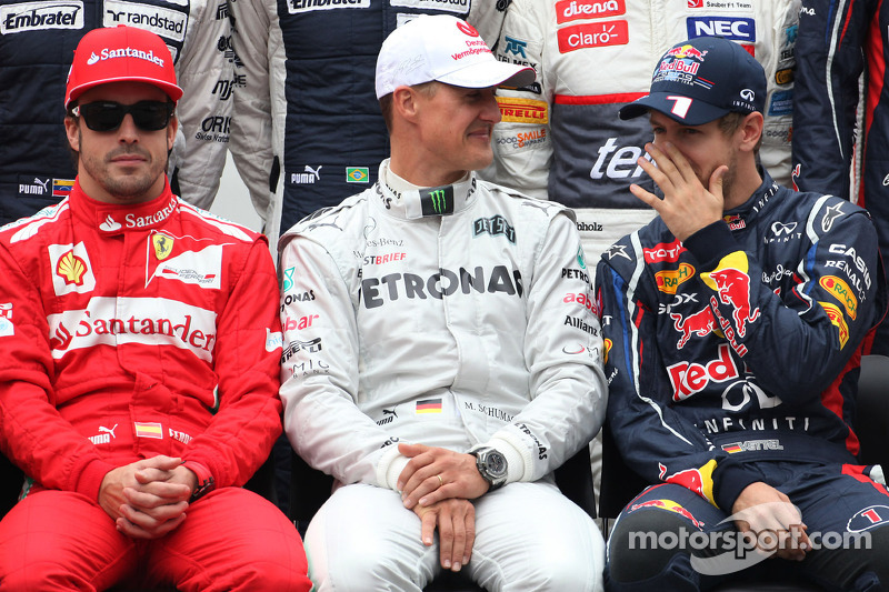 Fernando Alonso, Scuderia Ferrari, Michael Schumacher, Mercedes GP en Sebastian Vettel, Red Bull Rac