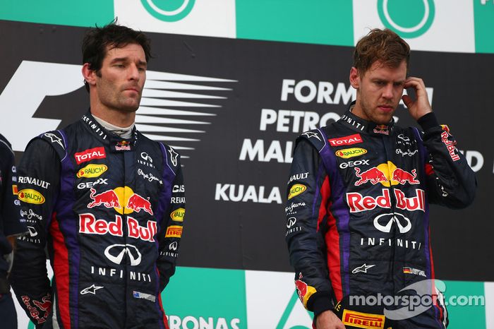 Podio: ganador de la carrera Sebastian Vettel, Red Bull Racing. Mark Webber, Red Bull Racing el segu
