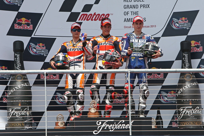 Podium: Pemenang Marc Marquez, posisi kedua Dani Pedrosa, posisi ketiga Jorge Lorenzo