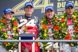 LMP1 podium: Allan McNish, Tom Kristensen and Loic Duval with Dr. Wolfgang Ullrich