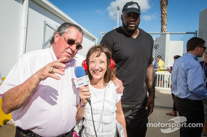 Felix Sabates share a laugh with SiriusXM Claire B. Lang while Shaquille O'Neal joins the party